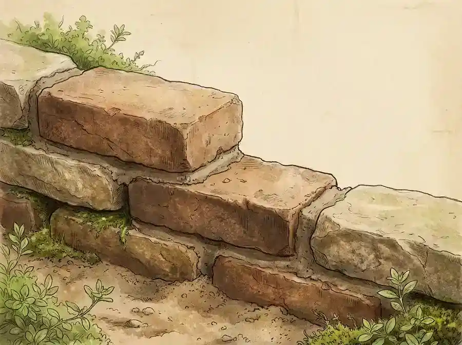 Macro study of stacked brick and stone border units mid-installation, mortar and sand joint texture visible