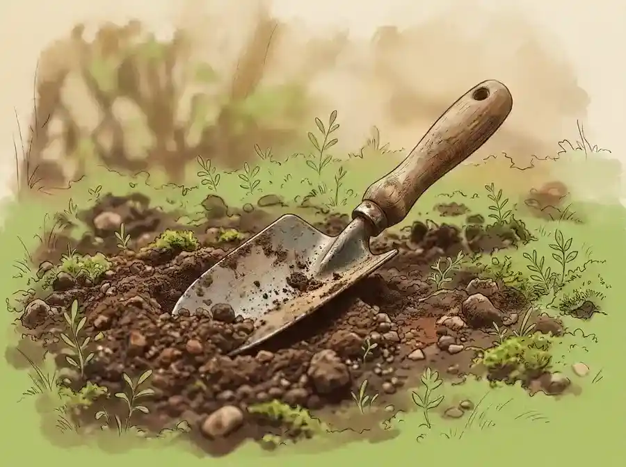 A hand trowel resting on freshly turned soil, no hand in frame