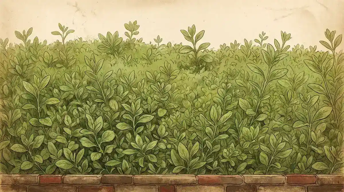 Illustrated close-up of a low brick and stone border along a mulch bed, young sprigs and groundcover filling the frame above it